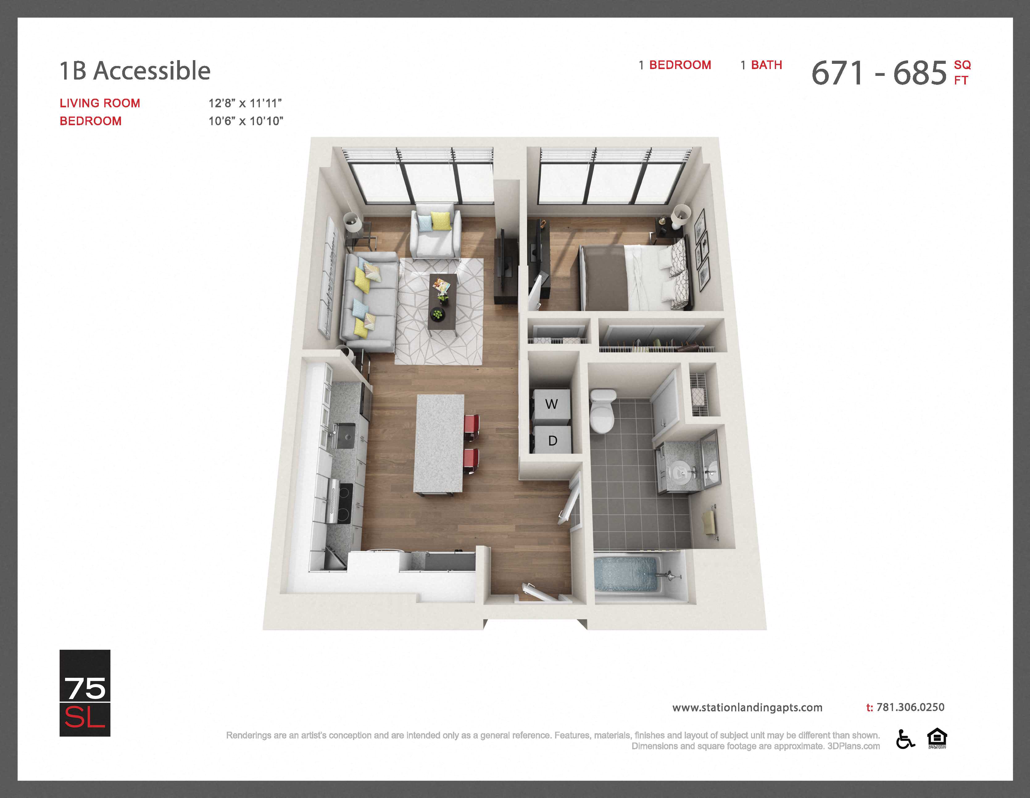 Floor plan for 1 bed, 1 bath